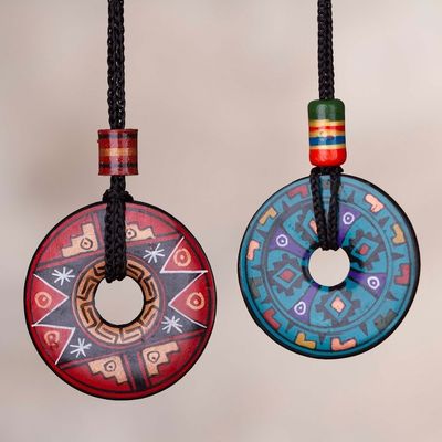 Alternate image for Pair of Red and Blue Ceramic Pendant Necklaces from Peru Sun and Rain