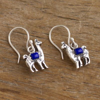 Alternate image for Peruvian Silver and Lapis Lazuli Llama Dangle Earrings Andean Llama in Blue