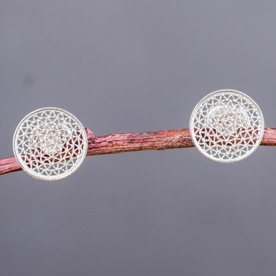 Alternate image for Round Filigree Button Earrings Peruvian 925 Silver Jewelry Hypnotic Mirrors