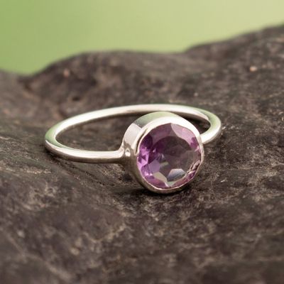 Alternate image for Polished Sterling Silver Single Stone Ring with Amethyst Gem Purple Enigma
