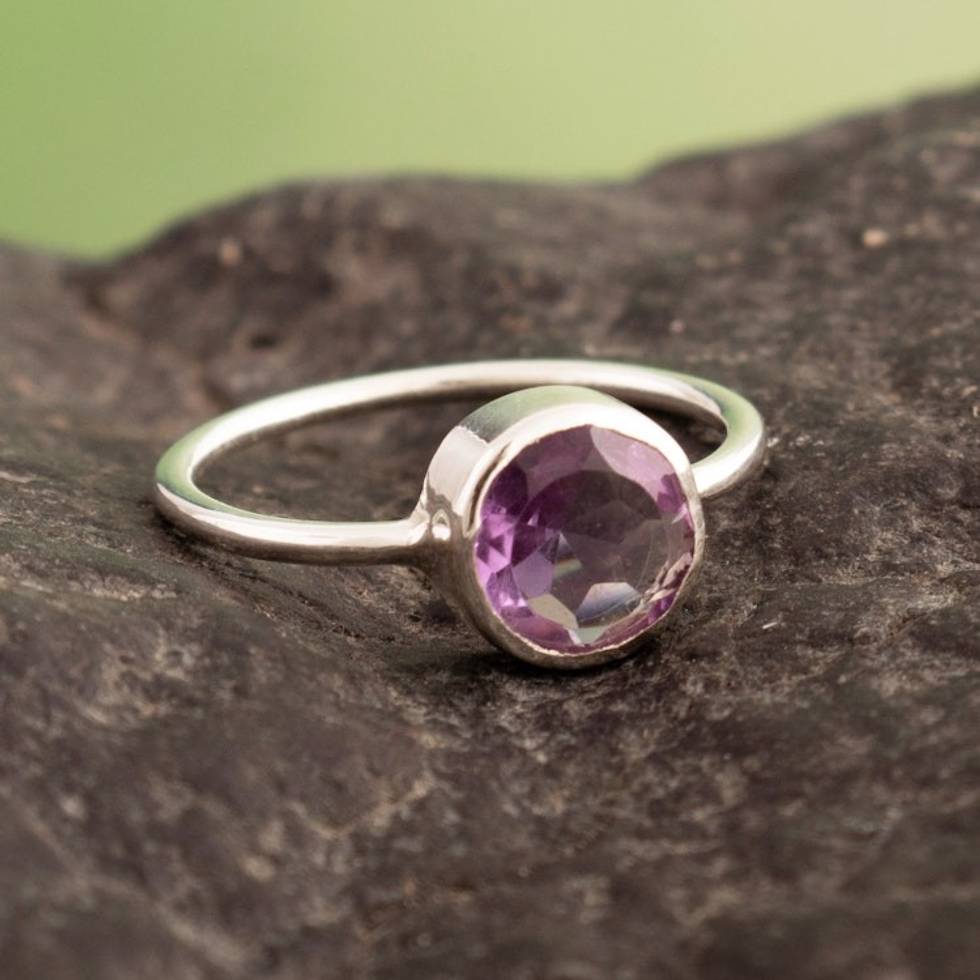 Polished Sterling Silver Single Stone Ring with Amethyst Gem 'Purple Enigma'