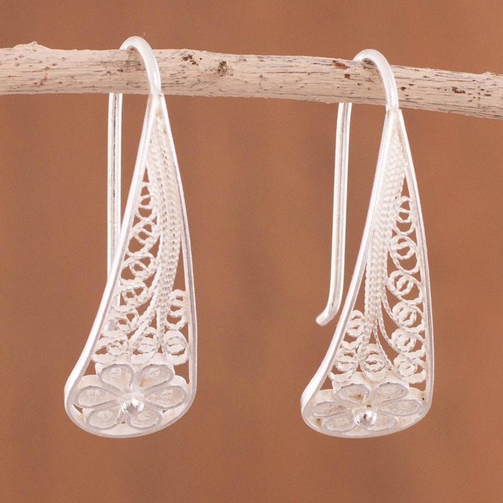 Artisan Crafted Sterling Silver Filigree Flower Earrings 'Blossoming Dewdrops'