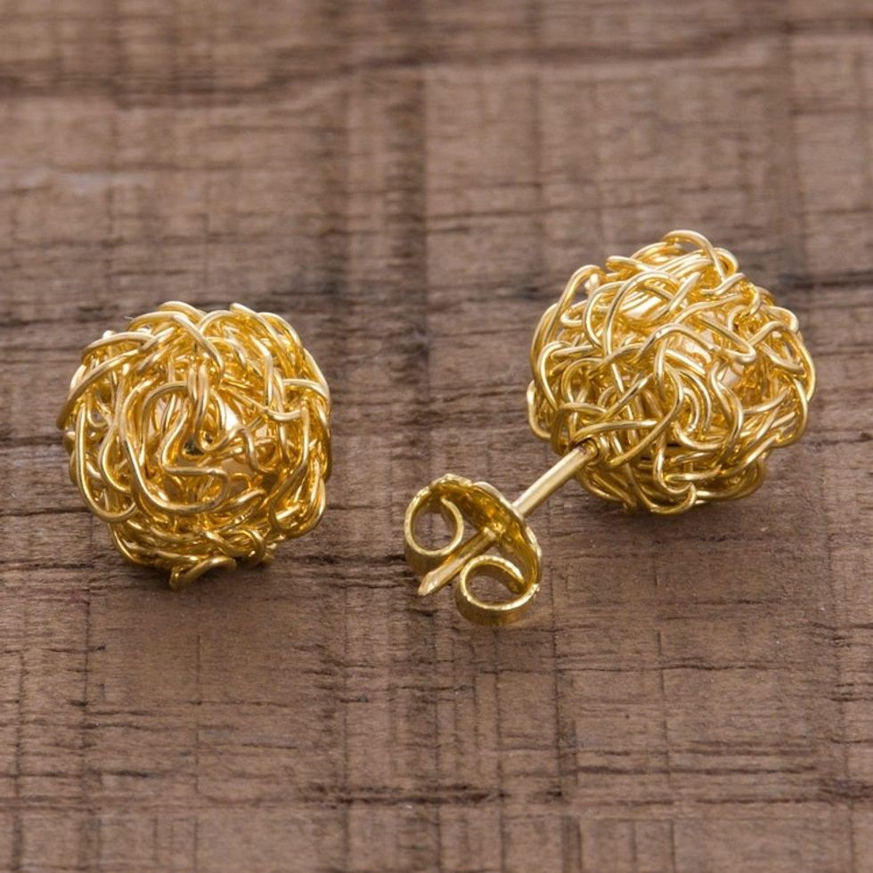 18k Gold Plated Sterling Silver Stud Earrings from Peru 'Golden Nests'