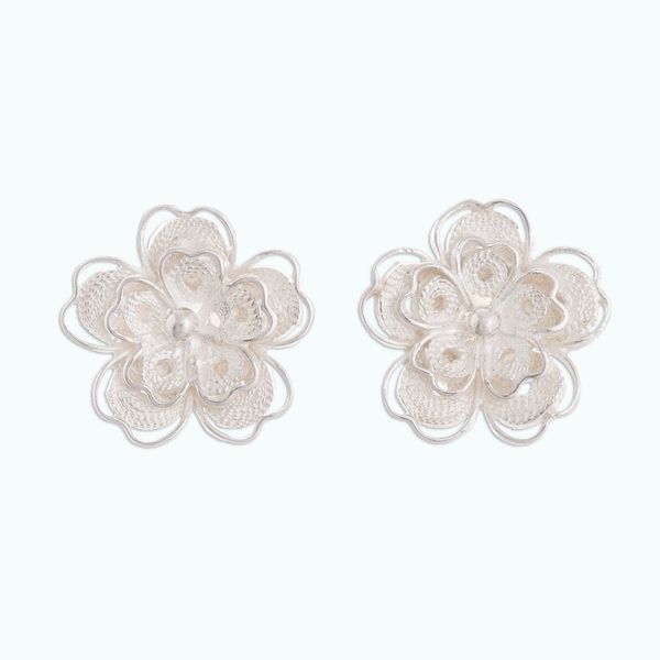 Alternate image for Floral Sterling Silver Filigree Button Earrings from Peru Intricate Flowers