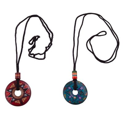 Alternate image for Pair of Red and Blue Ceramic Pendant Necklaces from Peru Sun and Rain