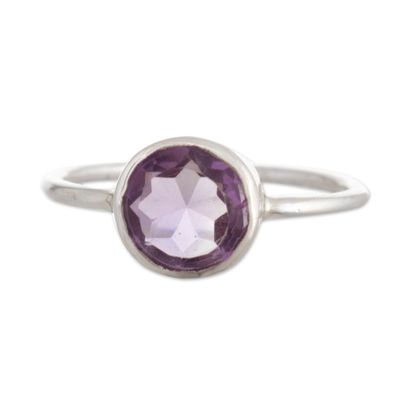 Alternate image for Polished Sterling Silver Single Stone Ring with Amethyst Gem Purple Enigma