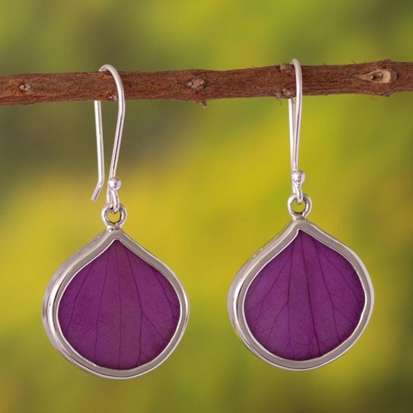 Alternate image for Sterling Silver and Purple Leaf Dangle Earrings from Peru Plum Hydrangea