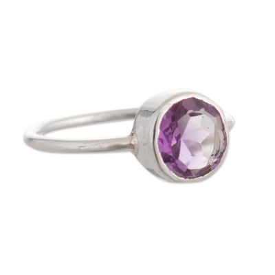 Alternate image for Polished Sterling Silver Single Stone Ring with Amethyst Gem Purple Enigma