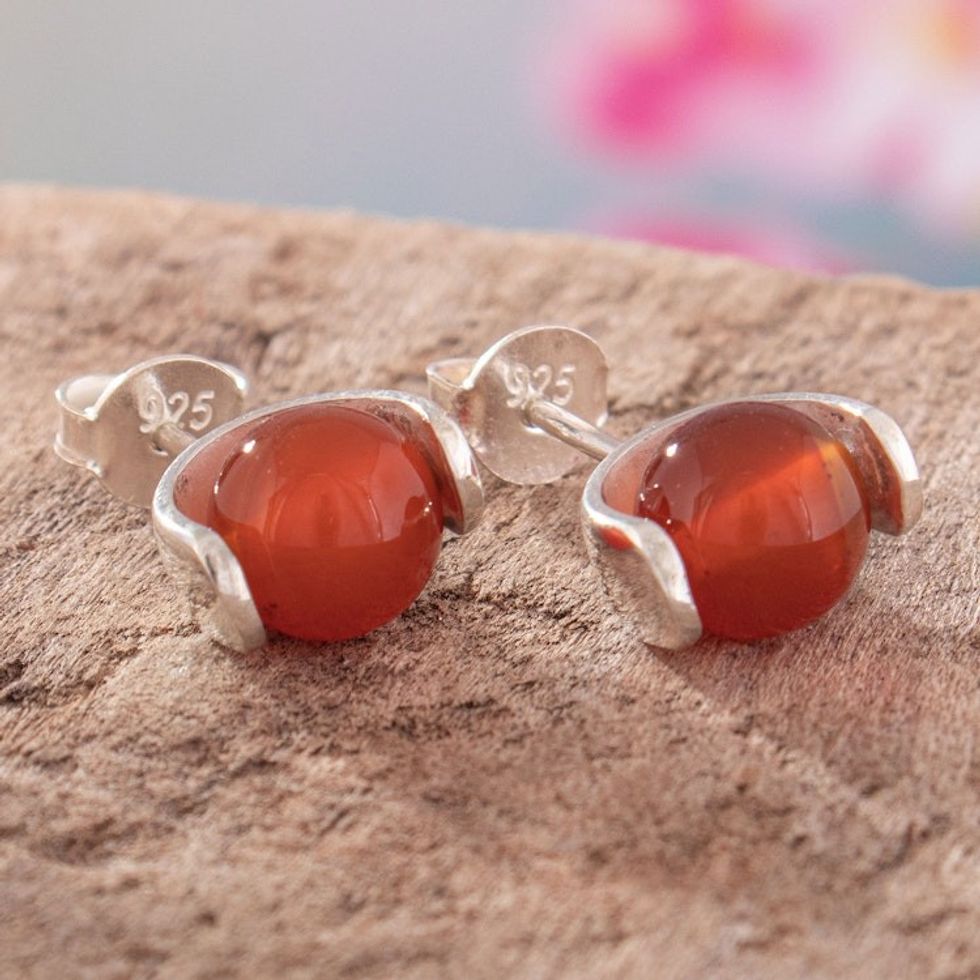 Natural Carnelian  Sterling Silver Stud Earrings from Peru 'Fire Dots'