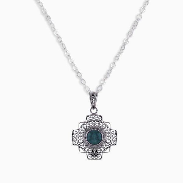 Alternate image for Chrysocolla Chakana Cross Filigree Necklace from Peru Green Valley Chakana