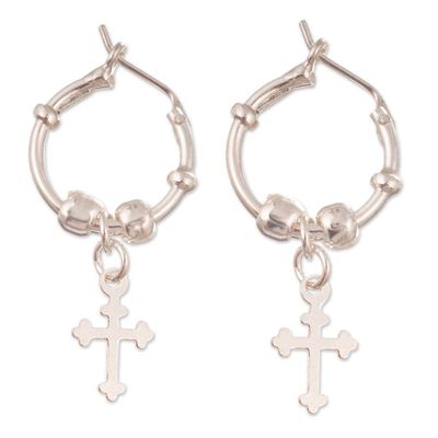 Alternate image for Polished Sterling Silver Hoop Earrings with Dangling Crosses Holy Crosses
