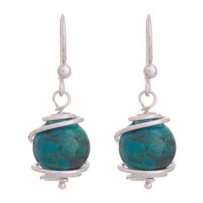 Alternate image for Spiral Motif Chrysocolla Dangle Earrings from Peru Planetary Spirals
