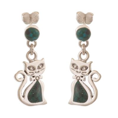 Alternate image for Green Chrysocolla and Silver Cat Dangle Earrings Andean Cat in Green