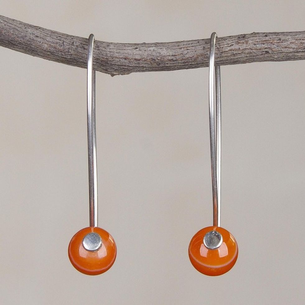 Orange Agate and Sterling Silver Drop Earrings from Peru 'Spheres of Splendor'