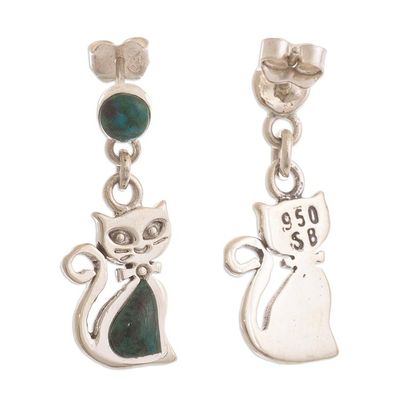 Alternate image for Green Chrysocolla and Silver Cat Dangle Earrings Andean Cat in Green