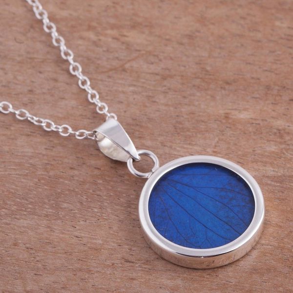 Alternate image for Sterling Silver and Natural Leaf Necklace in Blue from Peru Blue Eden