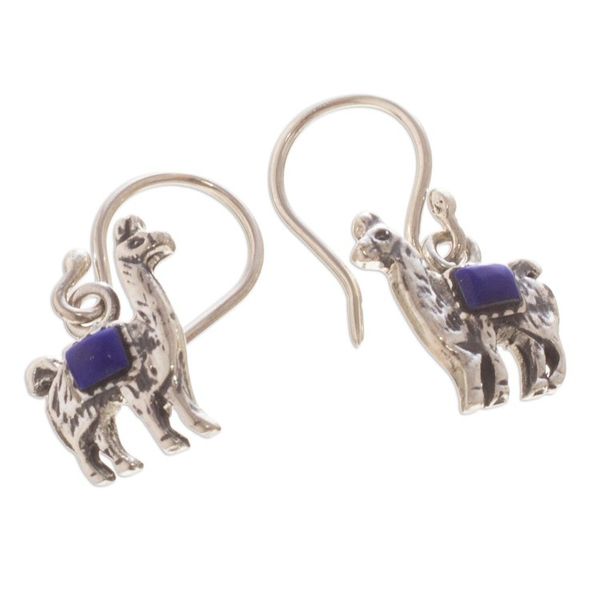 Alternate image for Peruvian Silver and Lapis Lazuli Llama Dangle Earrings Andean Llama in Blue