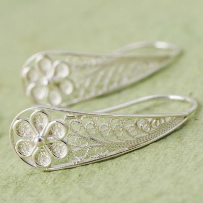 Alternate image for Artisan Crafted Sterling Silver Filigree Flower Earrings Blossoming Dewdrops