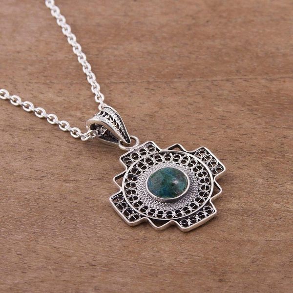 Alternate image for Chrysocolla Chakana Cross Filigree Necklace from Peru Green Valley Chakana