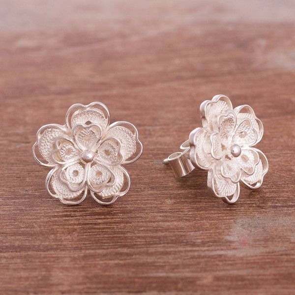 Alternate image for Floral Sterling Silver Filigree Button Earrings from Peru Intricate Flowers