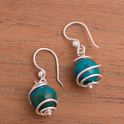Alternate image for Spiral Motif Chrysocolla Dangle Earrings from Peru Planetary Spirals