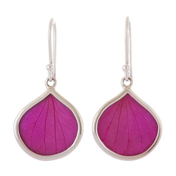 Alternate image for Sterling Silver and Fuchsia Leaf Dangle Earrings from Peru Fuchsia Hydrangea