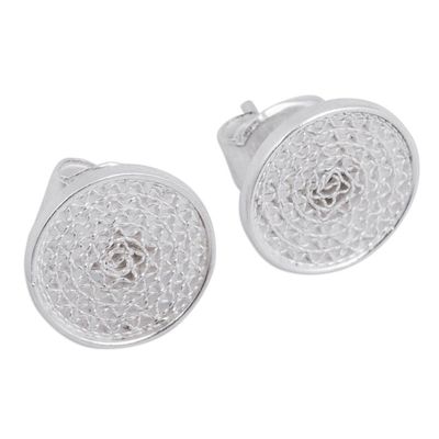 Alternate image for Round Filigree Button Earrings Peruvian 925 Silver Jewelry Hypnotic Mirrors