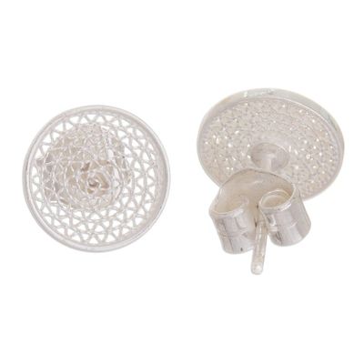 Alternate image for Round Filigree Button Earrings Peruvian 925 Silver Jewelry Hypnotic Mirrors