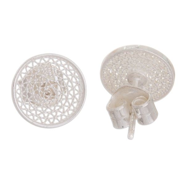 Alternate image for Round Filigree Button Earrings Peruvian 925 Silver Jewelry Hypnotic Mirrors