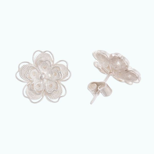 Alternate image for Floral Sterling Silver Filigree Button Earrings from Peru Intricate Flowers
