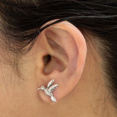 Alternate image for Sterling Silver Hummingbird Stud Earrings from Peru Hummingbird Harmony