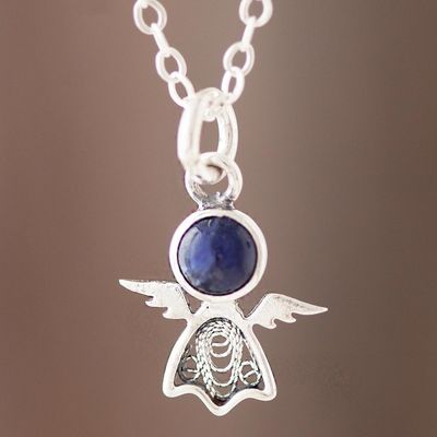 Alternate image for Sodalite Angel Filigree Pendant Necklace from Peru Midnight Angel