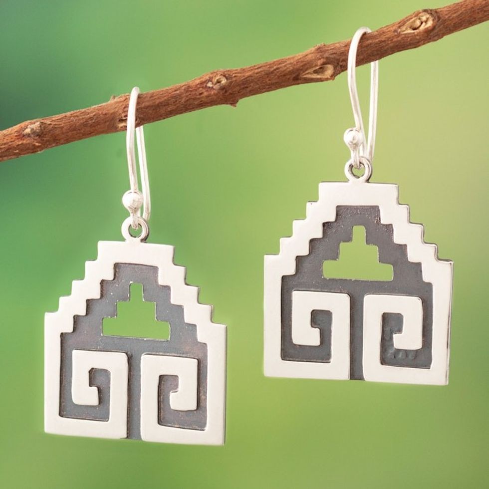 Traditional Moche Sterling Silver Dangle Earrings from Peru 'Moche Geometry'