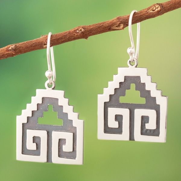Alternate image for Traditional Moche Sterling Silver Dangle Earrings from Peru Moche Geometry