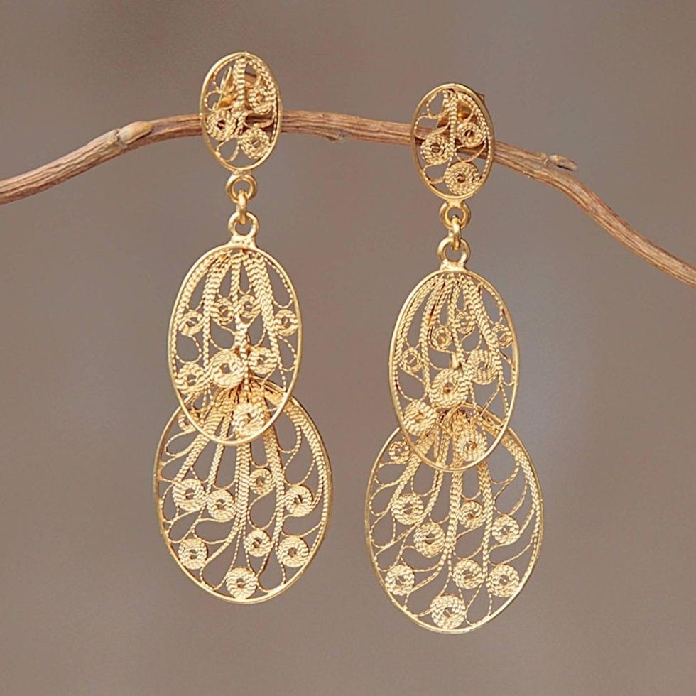 Hand Crafted 21K Gold Plated on Sterling Dangle Earrings 'Filigree Beauty'