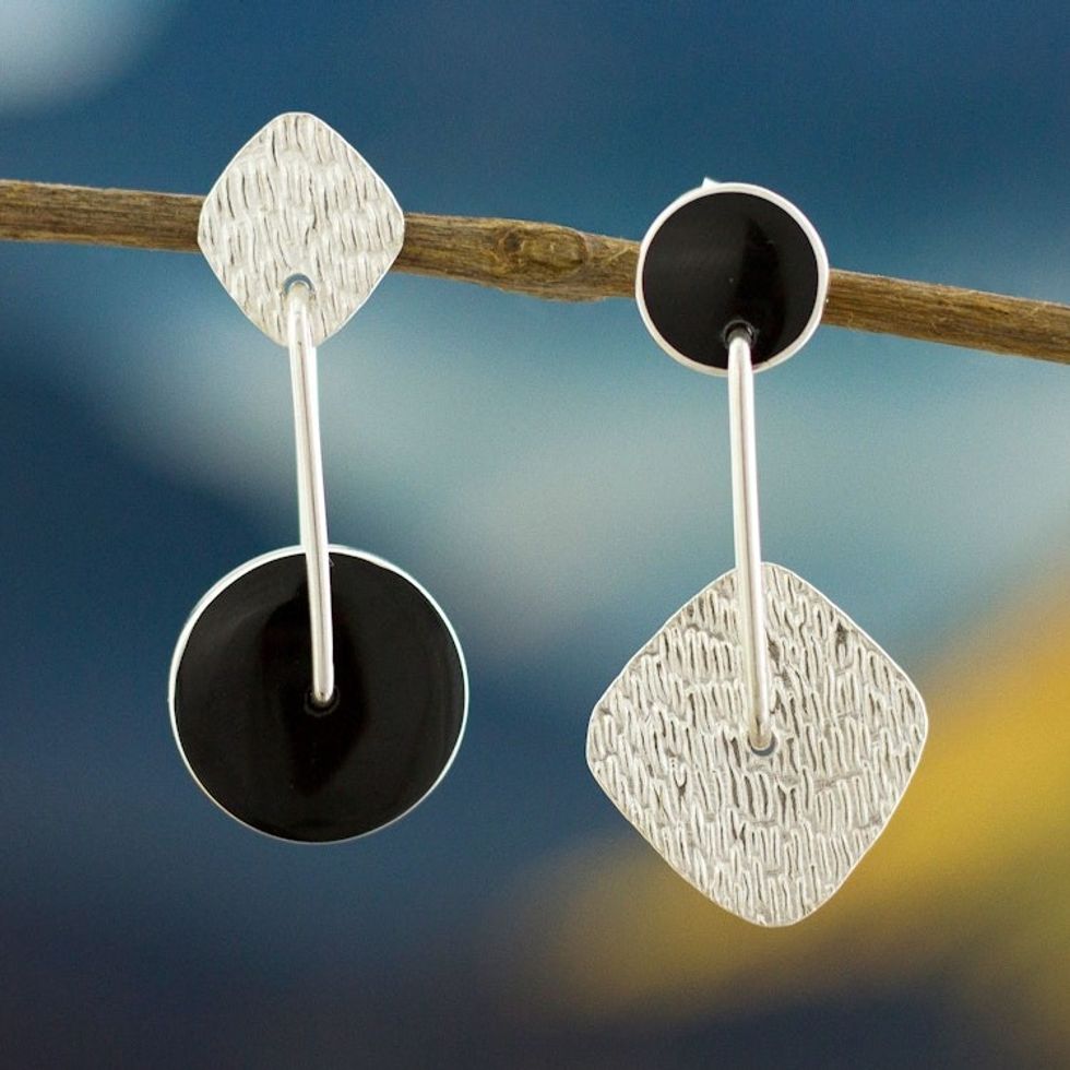 Obsidian and Textured Sterling Silver Dangle Earrings 'Midnight in Motion'