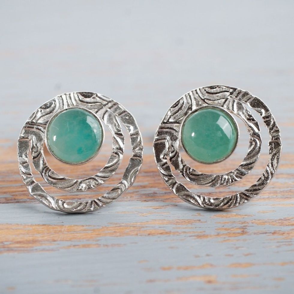 Handcrafted Sterling Silver and Green Opal Button Earrings 'Green Vibrations'
