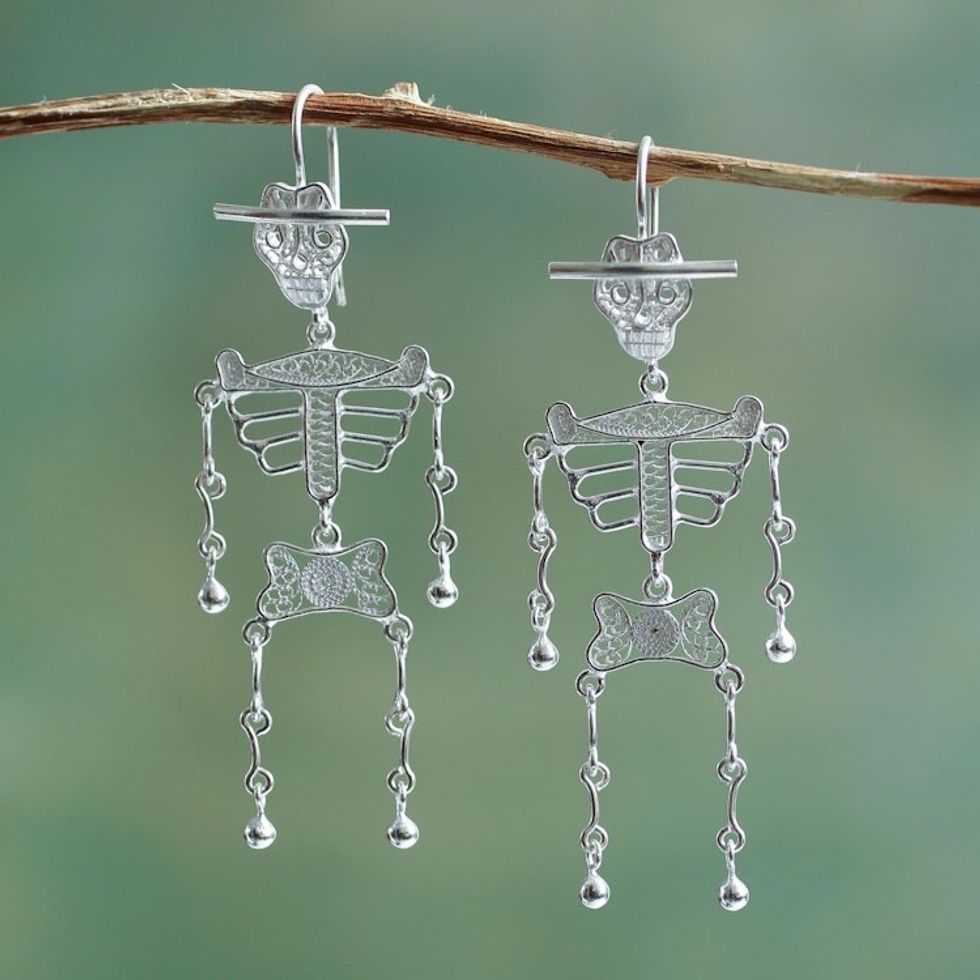 Day of the Dead Sterling Silver Filigree Earrings from Peru 'Dancing Skeleton'