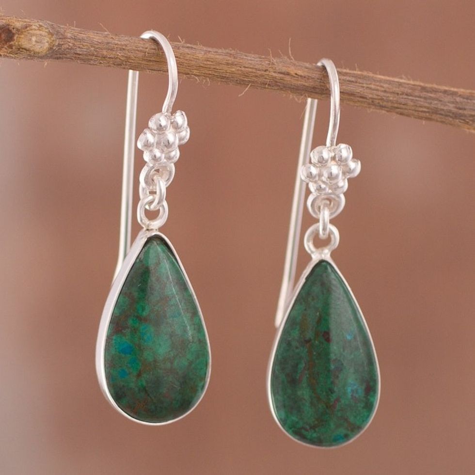 Hand Made Sterling Silver and Chrysocolla Dangle Earrings 'Inca Aesthetic'