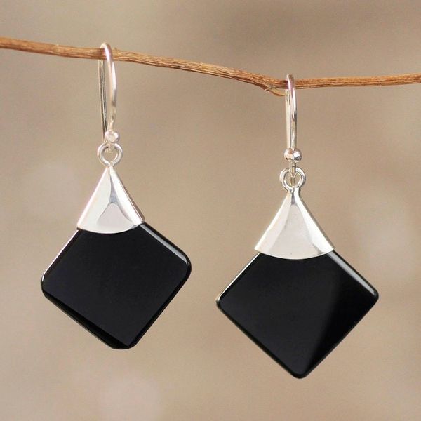 Alternate image for Protection Sterling Silver Dangle Obsidian Earrings Synthesis