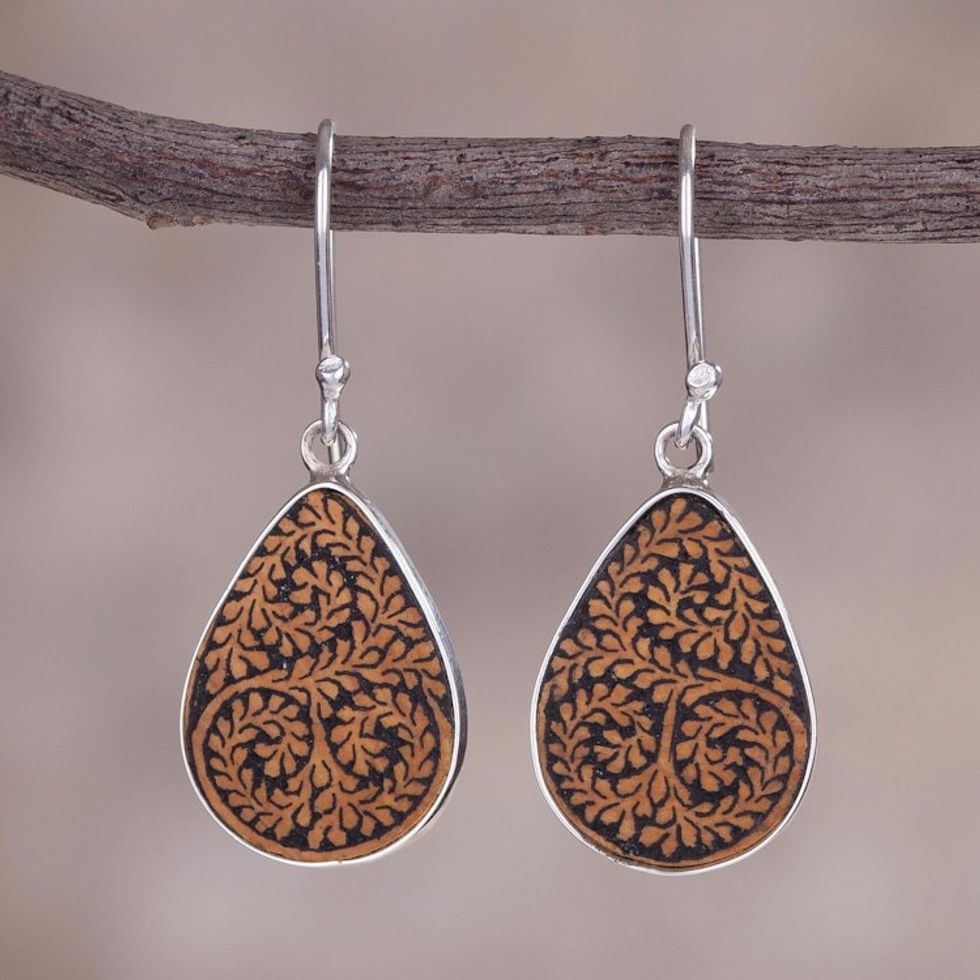 Leafy Sterling Silver and Pumpkin Shell Earrings from Peru 'Enchanted Copse'