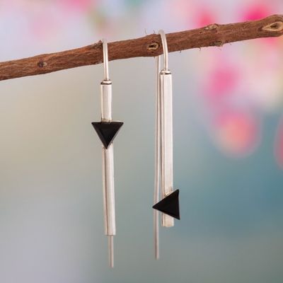 Alternate image for Modern Sterling Silver Drop Earrings with Onyx Triangles Triangular Reflection