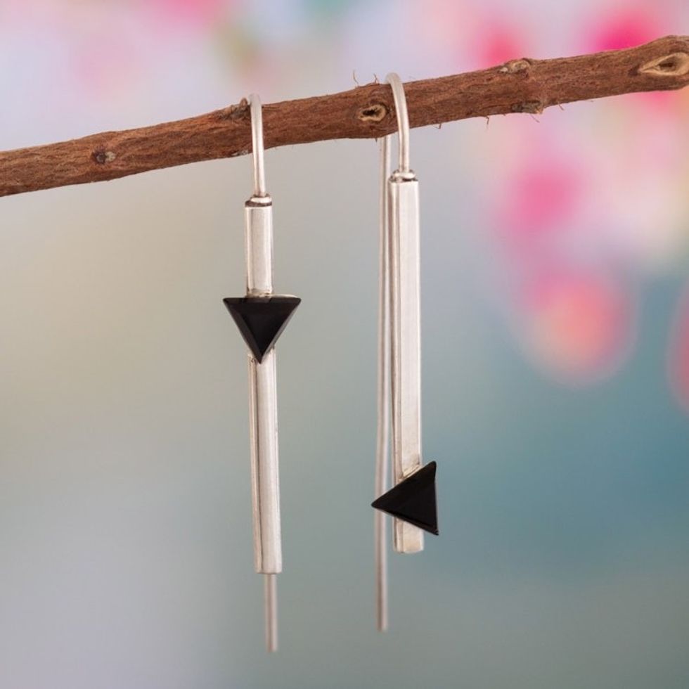 Modern Sterling Silver Drop Earrings with Onyx Triangles 'Triangular Reflection'