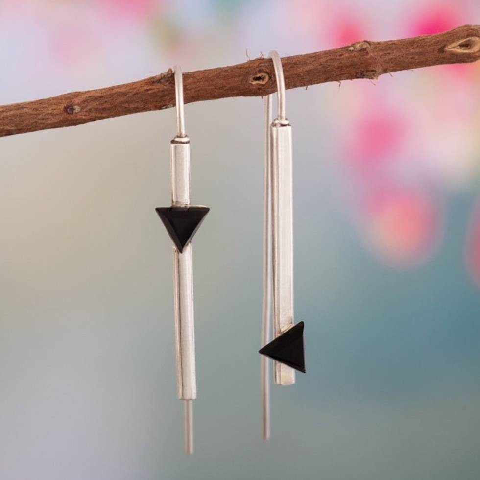 Modern Sterling Silver Drop Earrings with Onyx Triangles 'Triangular Reflection'