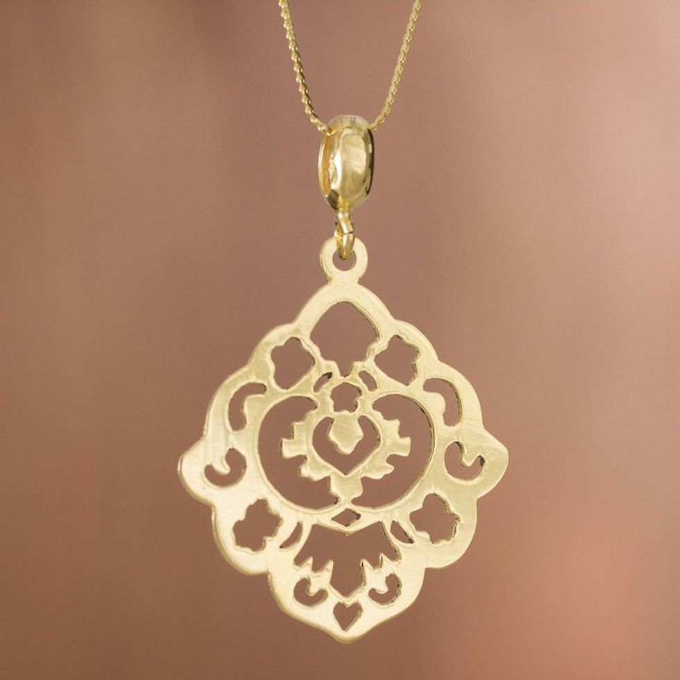 Gold Plated Sterling Silver Openwork Pendant Necklace 'Floral Rhombus'