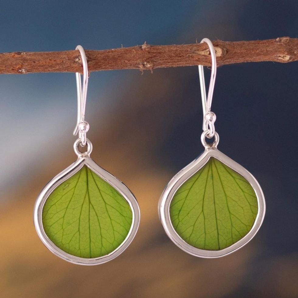 Sterling Silver and Green Leaf Dangle Earrings from Peru 'Spring Green Hydrangea'