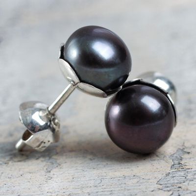 Alternate image for Handcrafted Black Cultured Pearl Stud Earrings Black Nascent Flower