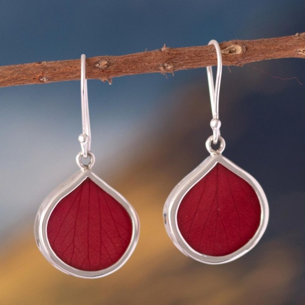 Sterling Silver and Red Leaf Dangle Earrings from Peru 'Red Hydrangea'