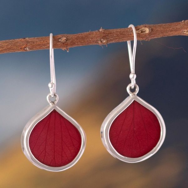 Alternate image for Sterling Silver and Red Leaf Dangle Earrings from Peru Red Hydrangea