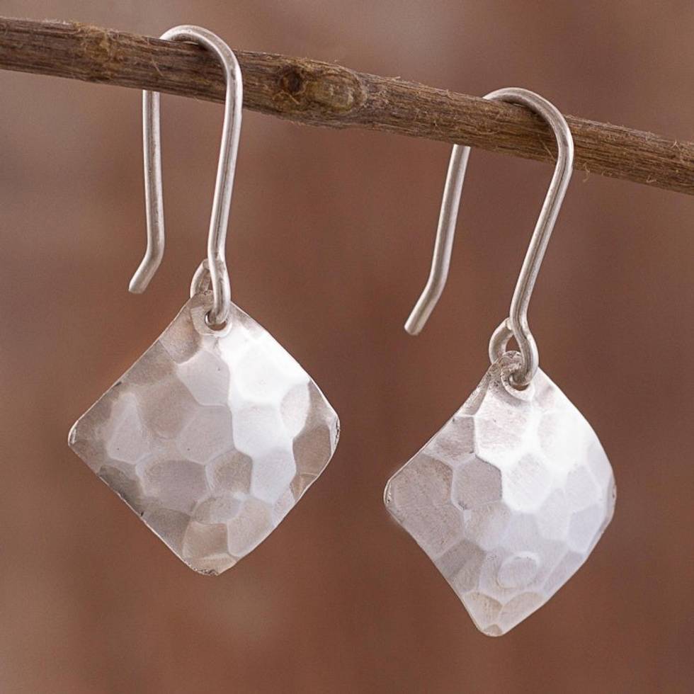 Modern Square Sterling Silver Dangle Earrings from Peru 'Hammered Squares'